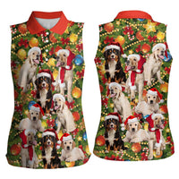 Christmas Dogs Women Sleeveless Polo Shirt with Santa Hats and Festive Ornament Pattern - Wonder Print Shop