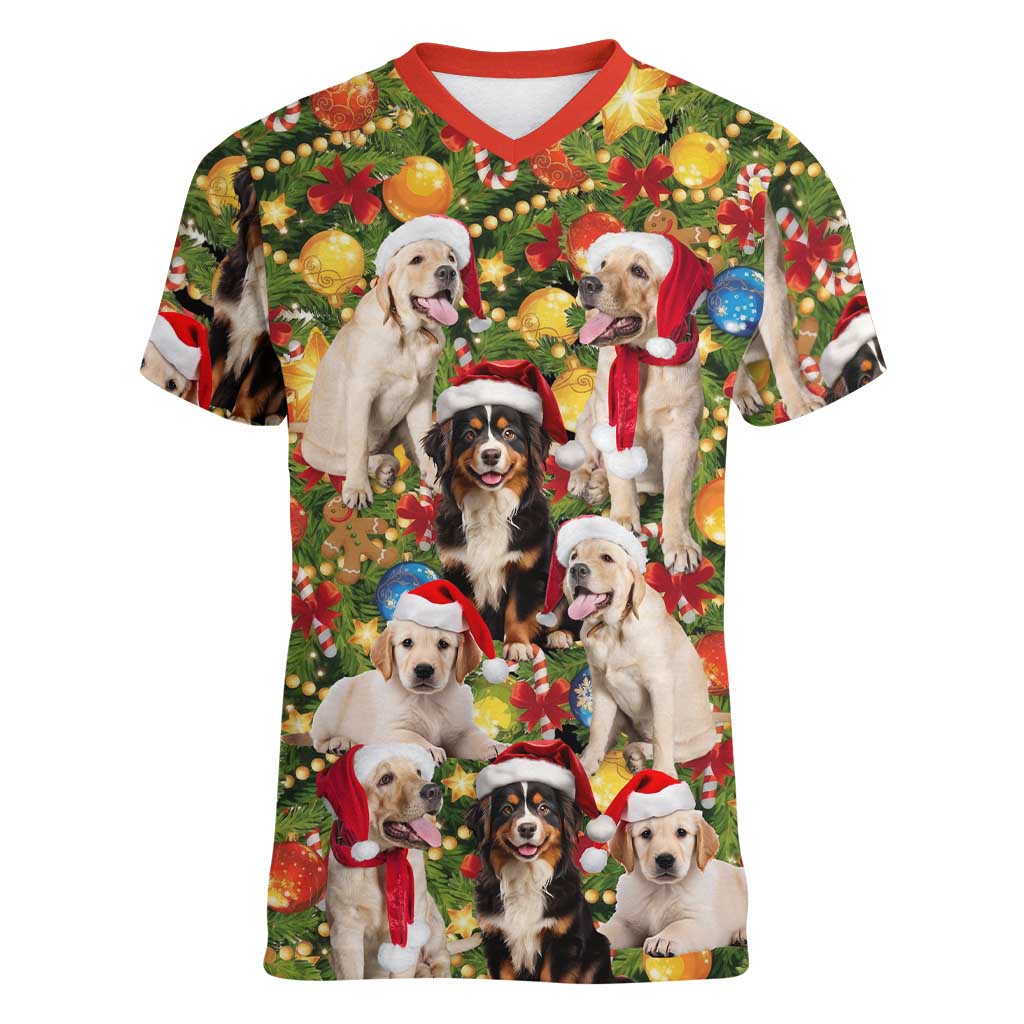 Christmas Dogs Women V-Neck T-Shirt with Santa Hats and Festive Ornament Pattern - Wonder Print Shop