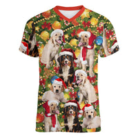 Christmas Dogs Women V-Neck T-Shirt with Santa Hats and Festive Ornament Pattern - Wonder Print Shop