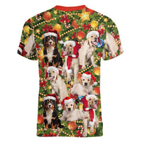 Christmas Dogs Women V-Neck T-Shirt with Santa Hats and Festive Ornament Pattern - Wonder Print Shop