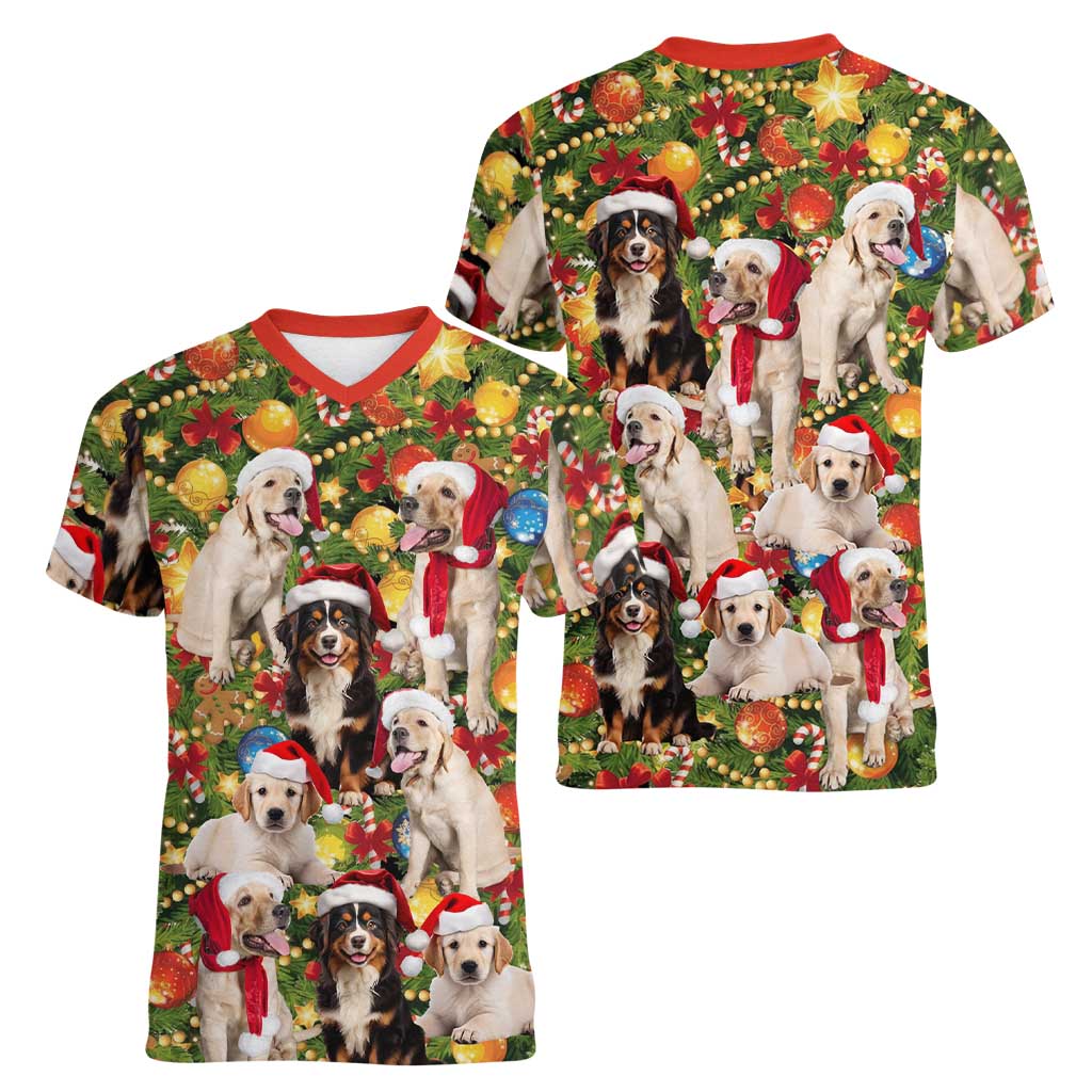 Christmas Dogs Women V-Neck T-Shirt with Santa Hats and Festive Ornament Pattern - Wonder Print Shop