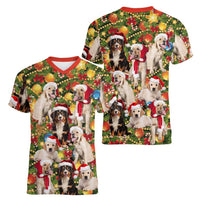 Christmas Dogs Women V-Neck T-Shirt with Santa Hats and Festive Ornament Pattern - Wonder Print Shop