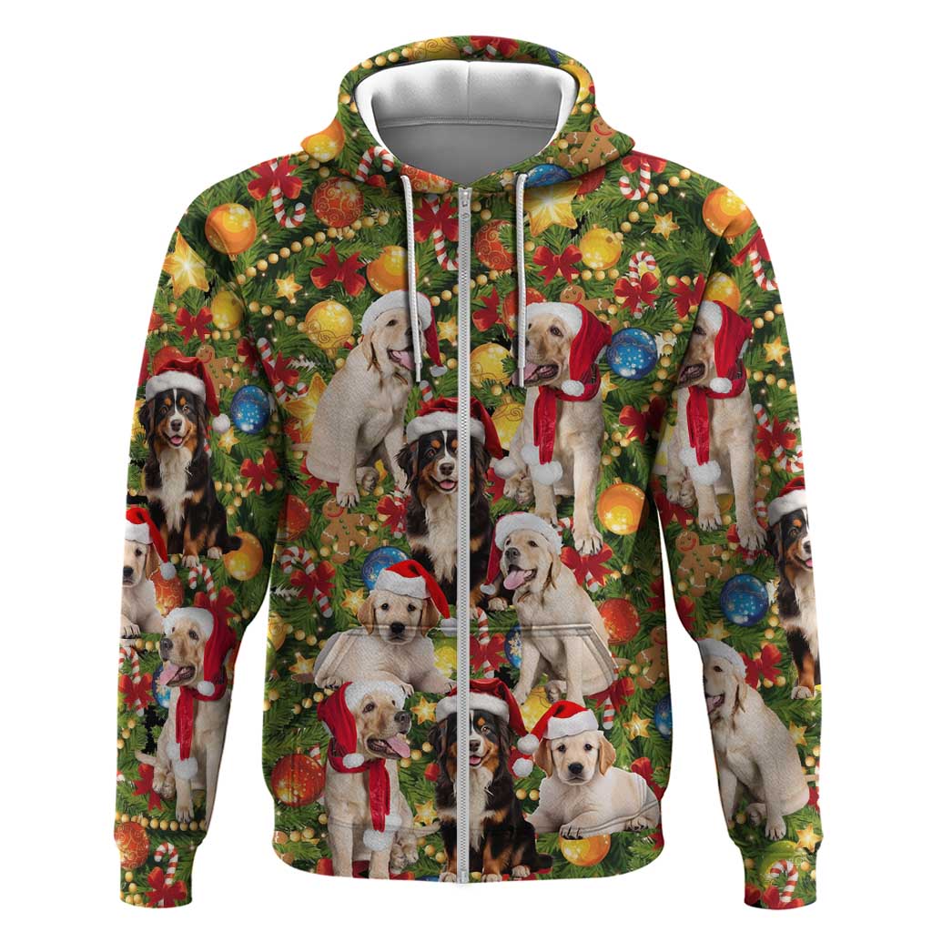 Christmas Dogs Zip Hoodie with Santa Hats and Festive Ornament Pattern - Wonder Print Shop