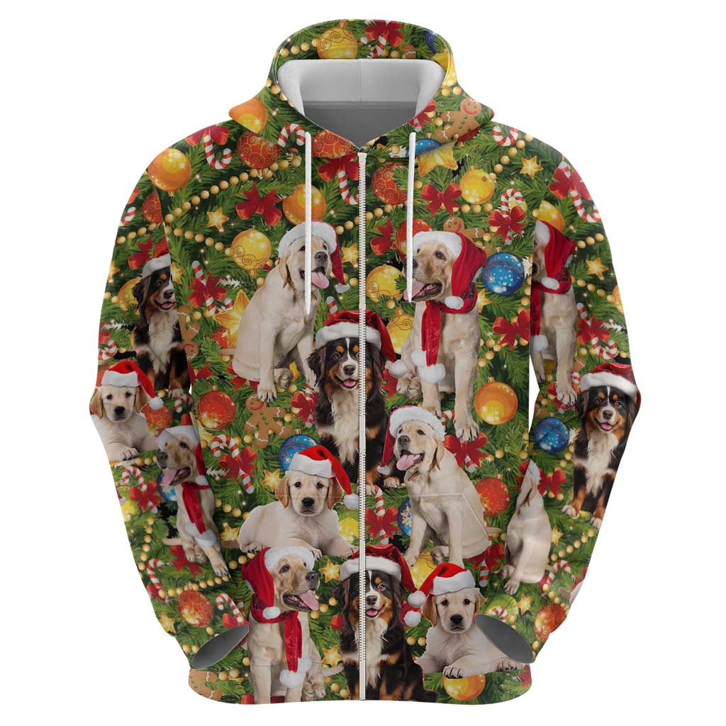 Christmas Dogs Zip Hoodie with Santa Hats and Festive Ornament Pattern - Wonder Print Shop