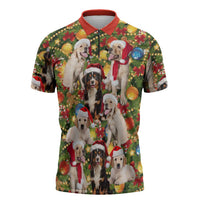 Christmas Dogs Zipper Polo Shirt with Santa Hats and Festive Ornament Pattern - Wonder Print Shop