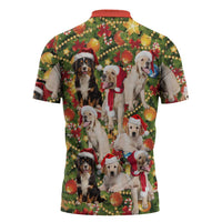 Christmas Dogs Zipper Polo Shirt with Santa Hats and Festive Ornament Pattern - Wonder Print Shop