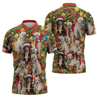 Christmas Dogs Zipper Polo Shirt with Santa Hats and Festive Ornament Pattern - Wonder Print Shop