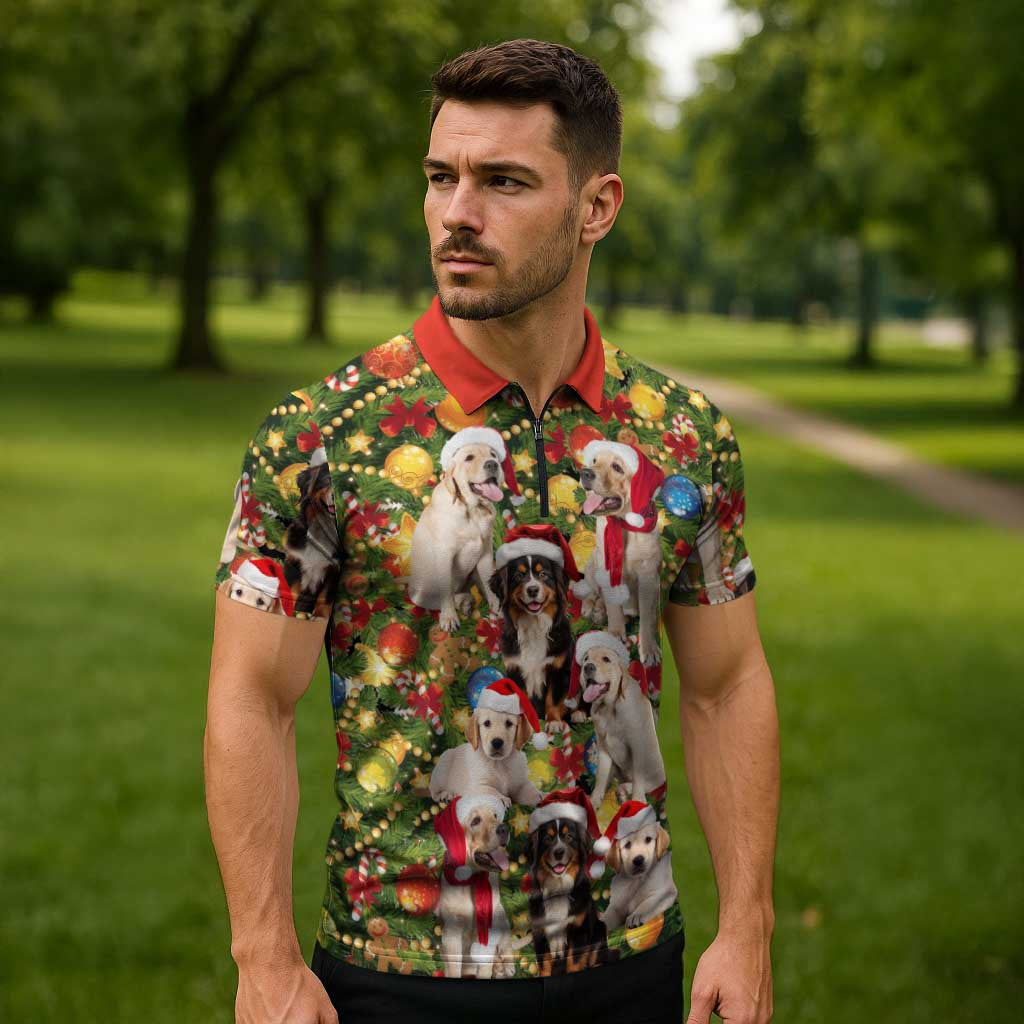 Christmas Dogs Zipper Polo Shirt with Santa Hats and Festive Ornament Pattern - Wonder Print Shop