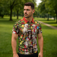 Christmas Dogs Zipper Polo Shirt with Santa Hats and Festive Ornament Pattern - Wonder Print Shop