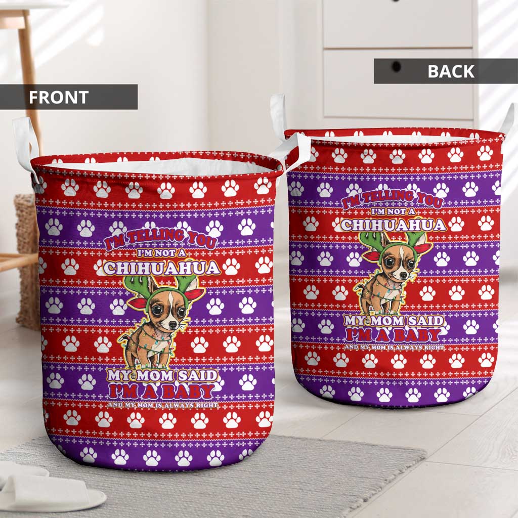 Chihuahua Christmas Laundry Basket with I’m Not a Chihuahua I’m a Baby Quote and Red Purple Christmas Pattern - Wonder Print Shop