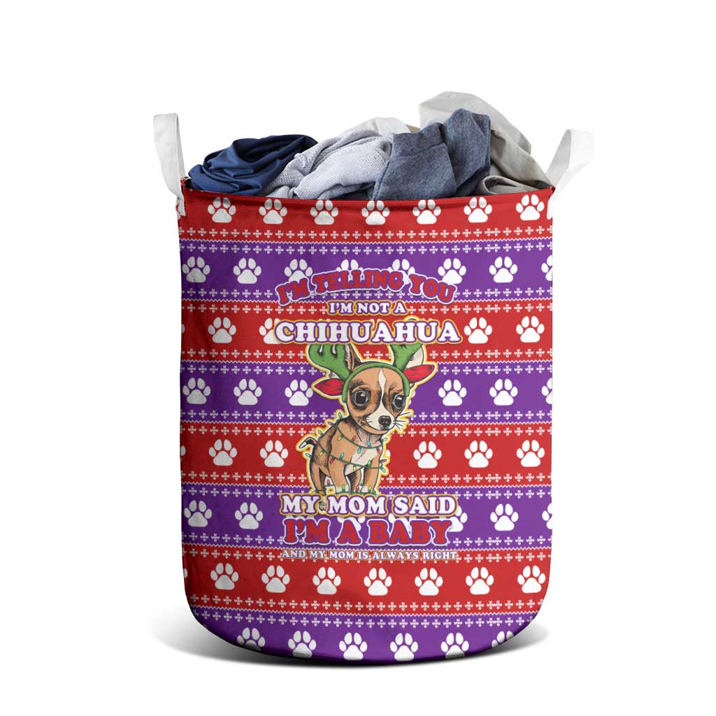 Chihuahua Christmas Laundry Basket with I’m Not a Chihuahua I’m a Baby Quote and Red Purple Christmas Pattern - Wonder Print Shop