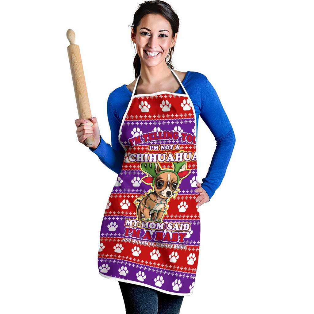 Chihuahua Christmas Apron with I’m Not a Chihuahua I’m a Baby Quote and Red Purple Christmas Pattern - Wonder Print Shop