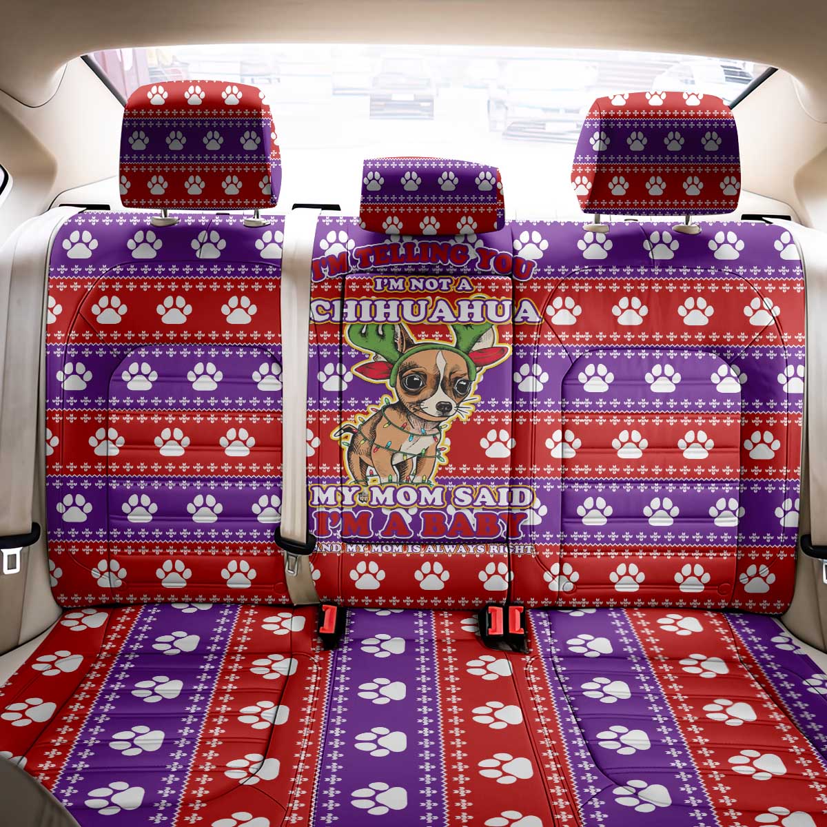 Chihuahua Christmas Back Car Seat Cover with I’m Not a Chihuahua I’m a Baby Quote and Red Purple Christmas Pattern - Wonder Print Shop