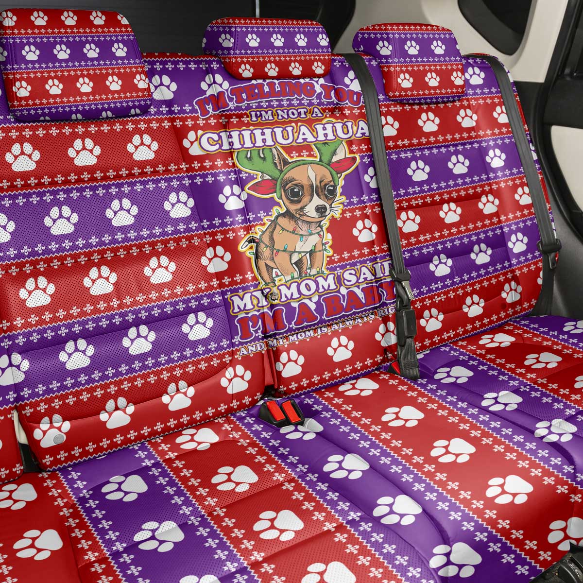 Chihuahua Christmas Back Car Seat Cover with I’m Not a Chihuahua I’m a Baby Quote and Red Purple Christmas Pattern - Wonder Print Shop