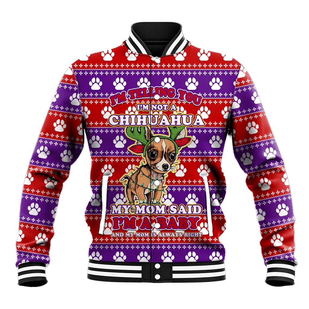 Chihuahua Christmas Baseball Jacket with I’m Not a Chihuahua I’m a Baby Quote and Red Purple Christmas Pattern - Wonder Print Shop