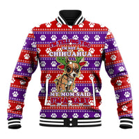 Chihuahua Christmas Baseball Jacket with I’m Not a Chihuahua I’m a Baby Quote and Red Purple Christmas Pattern - Wonder Print Shop