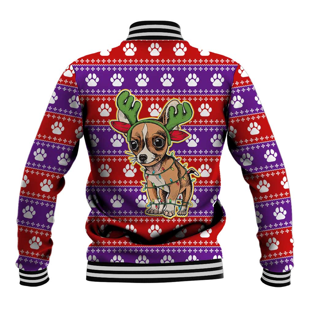 Chihuahua Christmas Baseball Jacket with I’m Not a Chihuahua I’m a Baby Quote and Red Purple Christmas Pattern - Wonder Print Shop