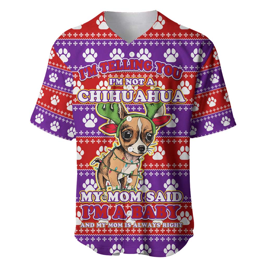 Chihuahua Christmas Baseball Jersey with I’m Not a Chihuahua I’m a Baby Quote and Red Purple Christmas Pattern - Wonder Print Shop