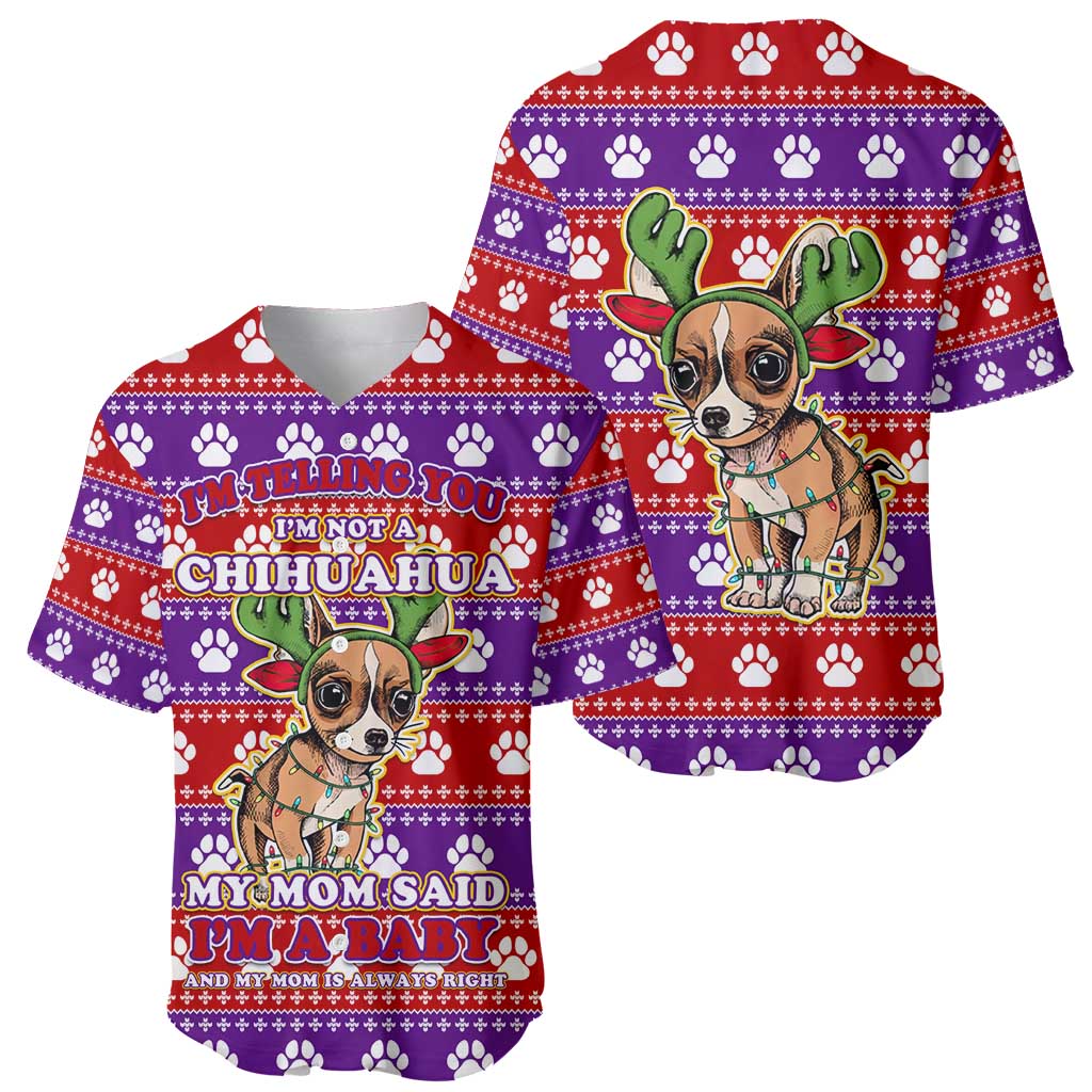 Chihuahua Christmas Baseball Jersey with I’m Not a Chihuahua I’m a Baby Quote and Red Purple Christmas Pattern - Wonder Print Shop