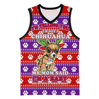Chihuahua Christmas Basketball Jersey with I’m Not a Chihuahua I’m a Baby Quote and Red Purple Christmas Pattern - Wonder Print Shop