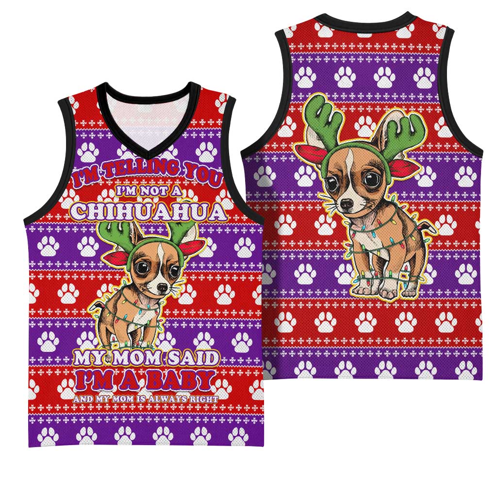 Chihuahua Christmas Basketball Jersey with I’m Not a Chihuahua I’m a Baby Quote and Red Purple Christmas Pattern - Wonder Print Shop