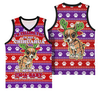 Chihuahua Christmas Basketball Jersey with I’m Not a Chihuahua I’m a Baby Quote and Red Purple Christmas Pattern - Wonder Print Shop