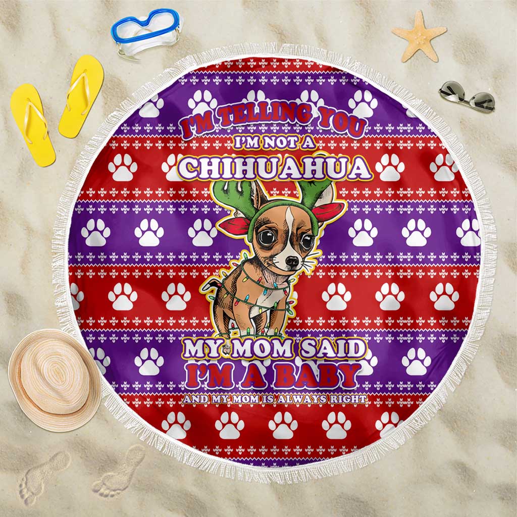 Chihuahua Christmas Beach Blanket with I’m Not a Chihuahua I’m a Baby Quote and Red Purple Christmas Pattern - Wonder Print Shop