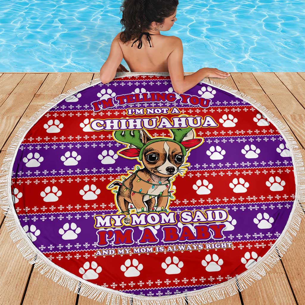 Chihuahua Christmas Beach Blanket with I’m Not a Chihuahua I’m a Baby Quote and Red Purple Christmas Pattern - Wonder Print Shop