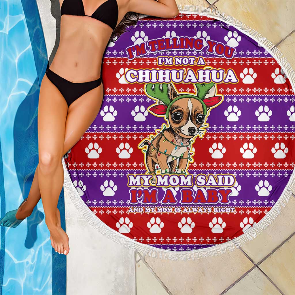 Chihuahua Christmas Beach Blanket with I’m Not a Chihuahua I’m a Baby Quote and Red Purple Christmas Pattern - Wonder Print Shop