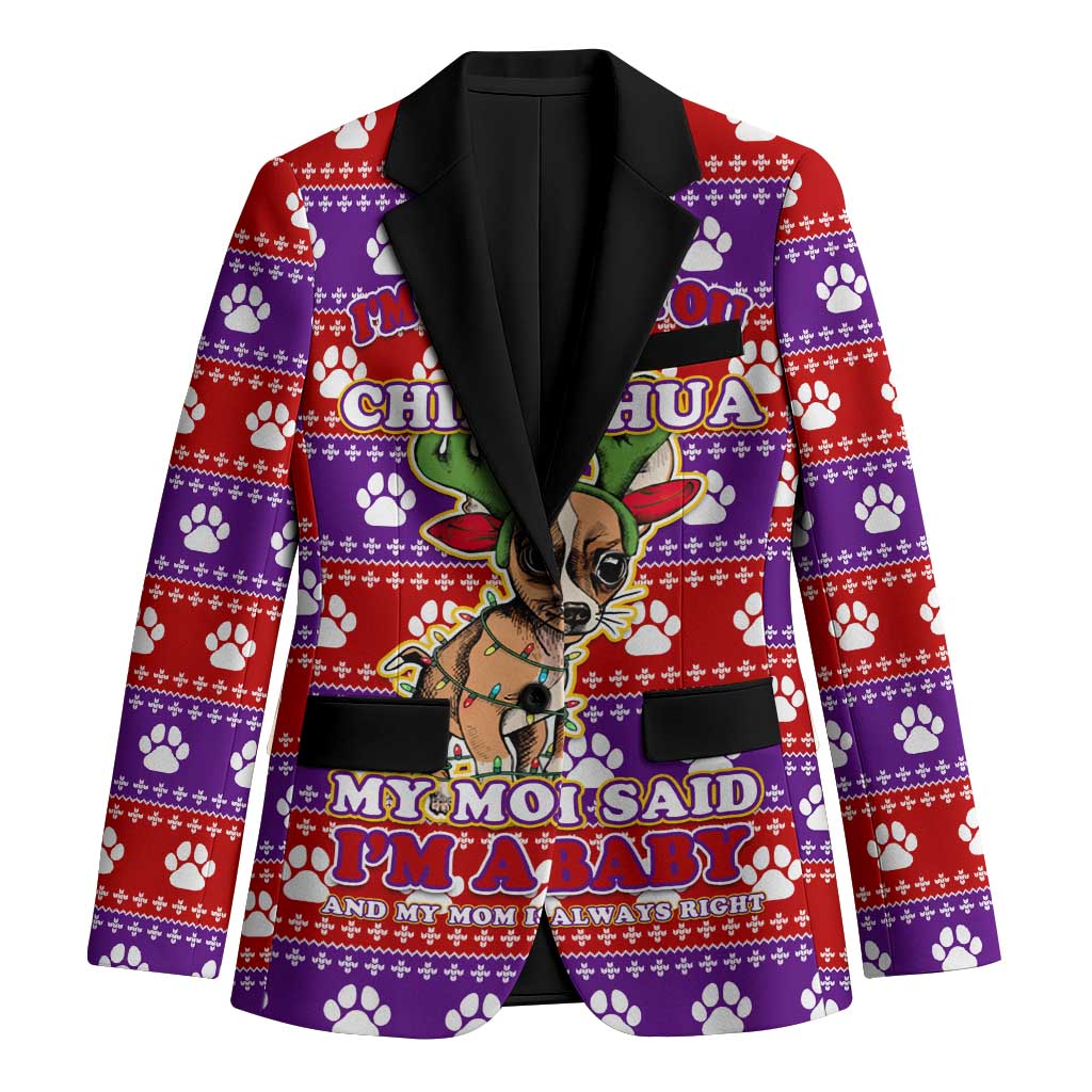 Chihuahua Christmas Blazer with I’m Not a Chihuahua I’m a Baby Quote and Red Purple Christmas Pattern - Wonder Print Shop