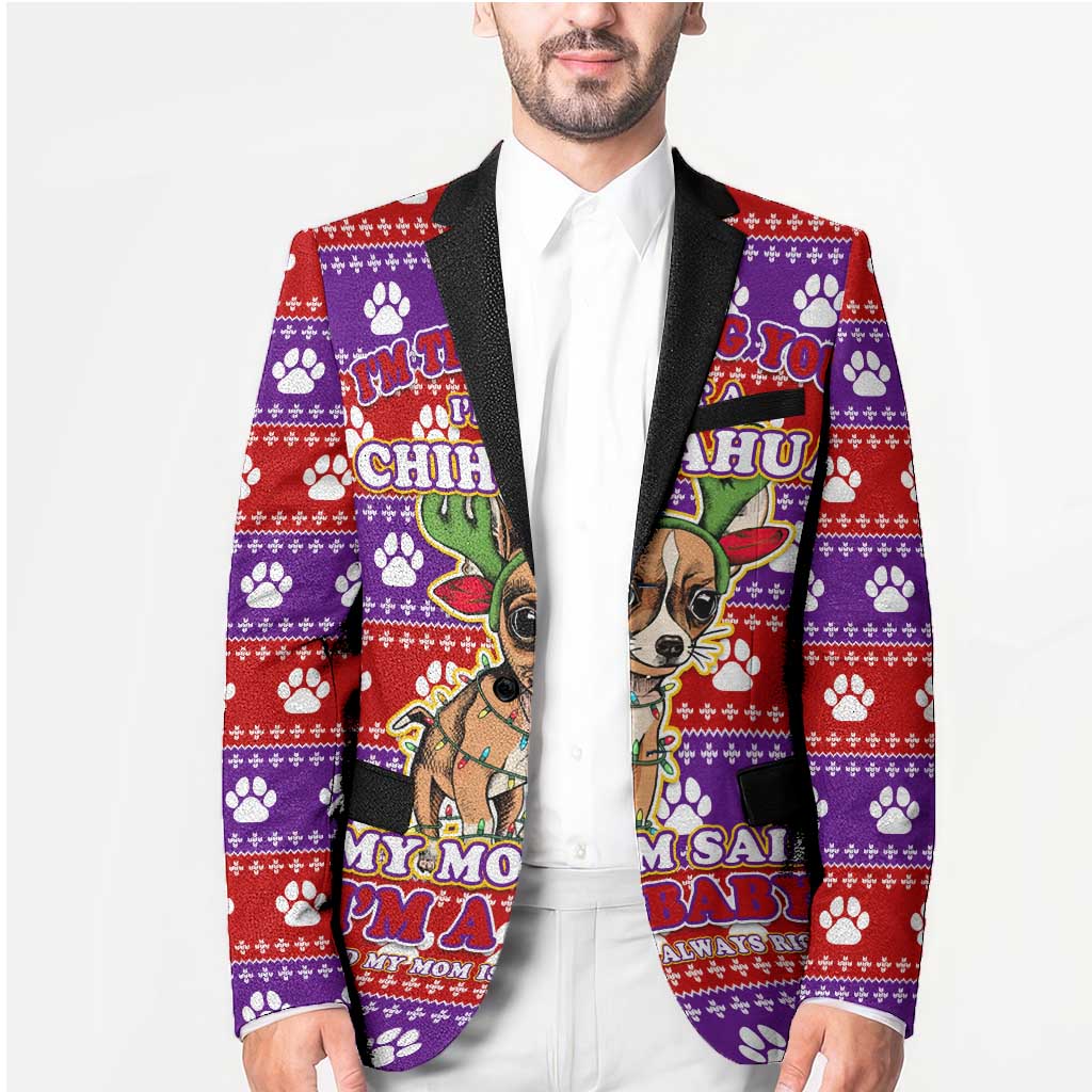Chihuahua Christmas Blazer with I’m Not a Chihuahua I’m a Baby Quote and Red Purple Christmas Pattern - Wonder Print Shop