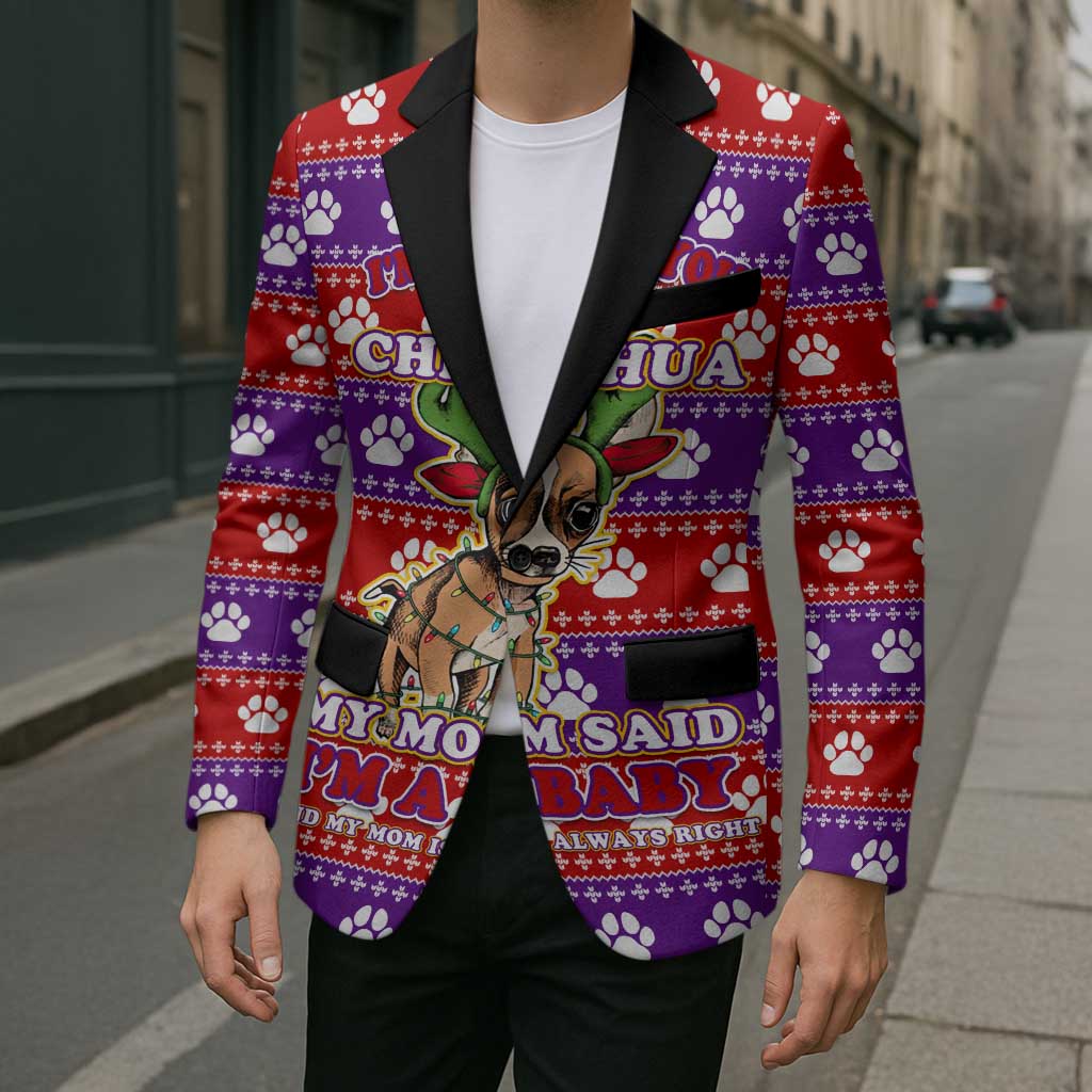 Chihuahua Christmas Blazer with I’m Not a Chihuahua I’m a Baby Quote and Red Purple Christmas Pattern - Wonder Print Shop