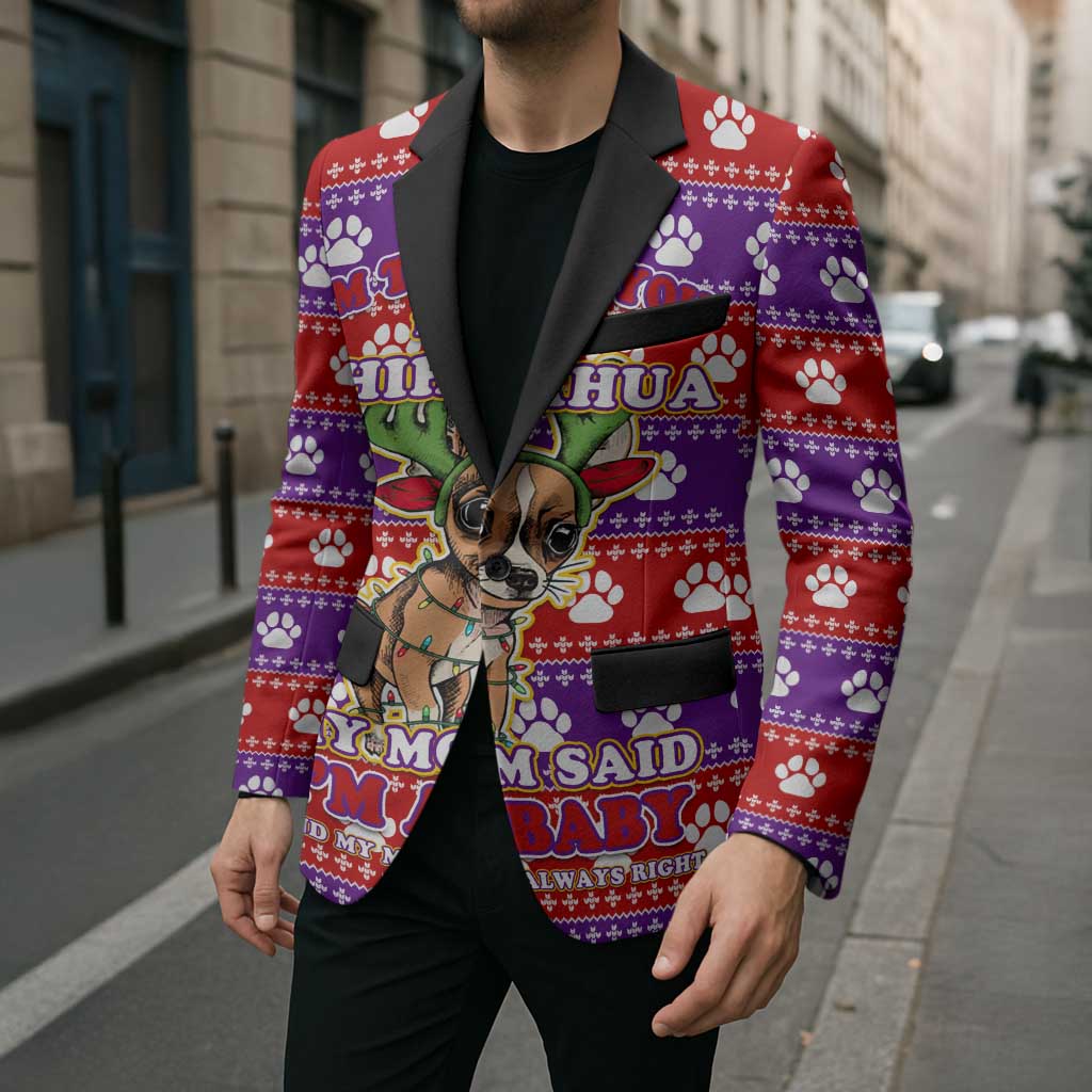 Chihuahua Christmas Blazer with I’m Not a Chihuahua I’m a Baby Quote and Red Purple Christmas Pattern - Wonder Print Shop