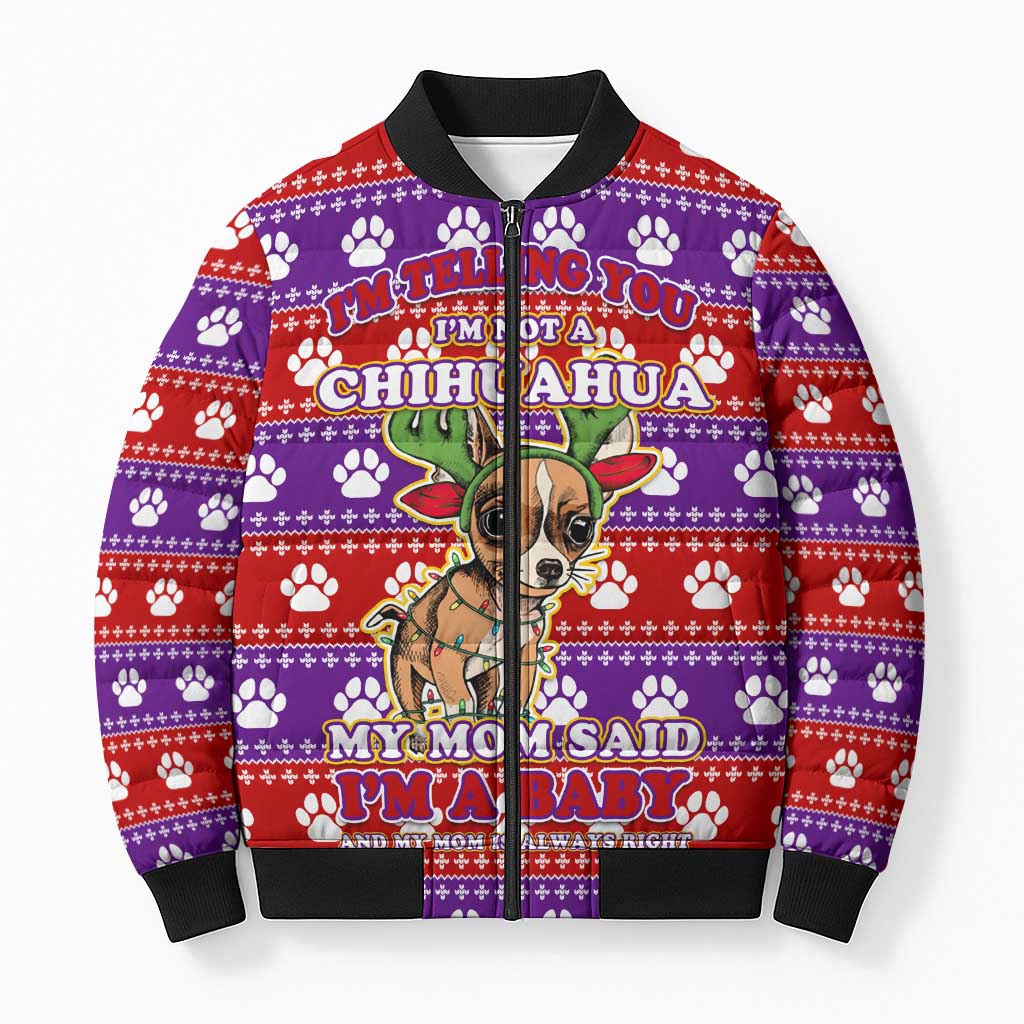 Chihuahua Christmas Bomber Puffer Jacket with I’m Not a Chihuahua I’m a Baby Quote and Red Purple Christmas Pattern - Wonder Print Shop