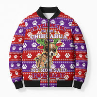 Chihuahua Christmas Bomber Puffer Jacket with I’m Not a Chihuahua I’m a Baby Quote and Red Purple Christmas Pattern - Wonder Print Shop
