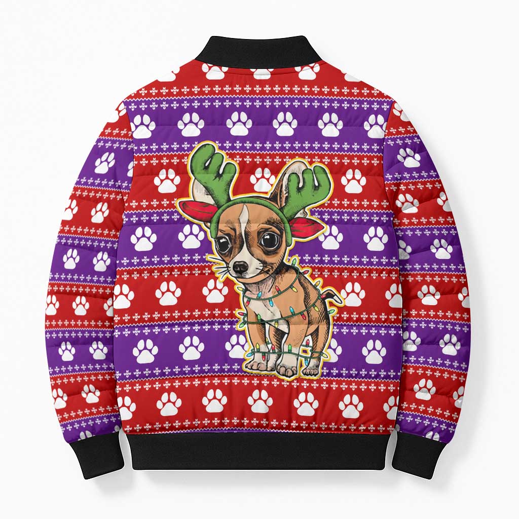 Chihuahua Christmas Bomber Puffer Jacket with I’m Not a Chihuahua I’m a Baby Quote and Red Purple Christmas Pattern - Wonder Print Shop