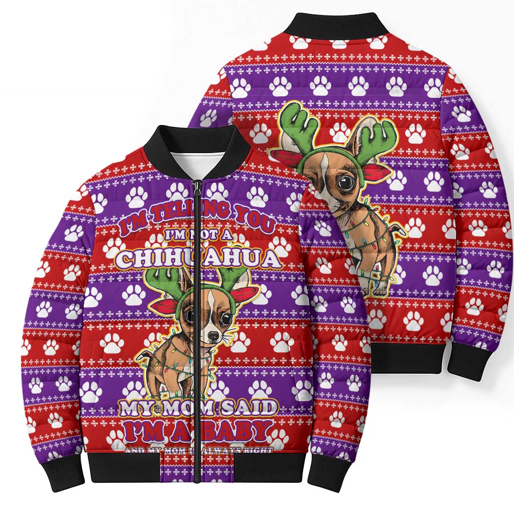 Chihuahua Christmas Bomber Puffer Jacket with I’m Not a Chihuahua I’m a Baby Quote and Red Purple Christmas Pattern - Wonder Print Shop