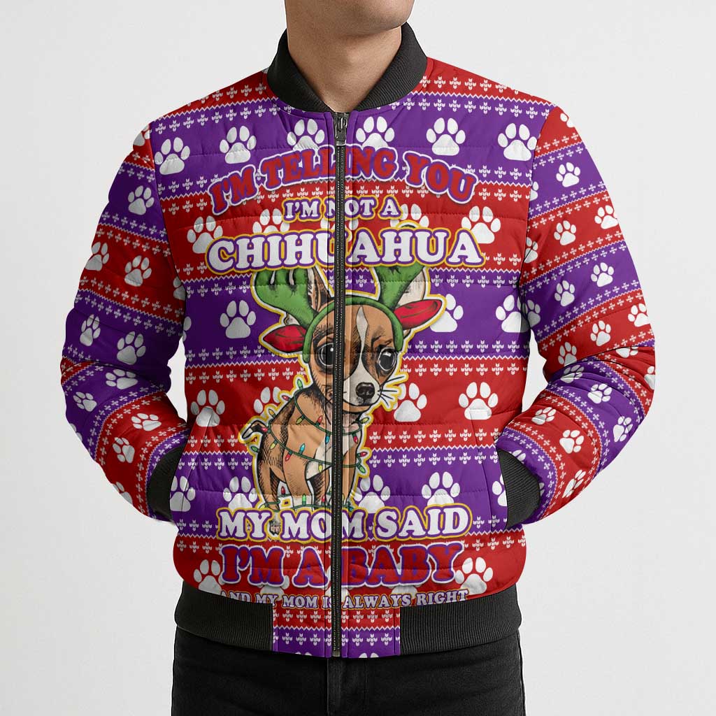 Chihuahua Christmas Bomber Puffer Jacket with I’m Not a Chihuahua I’m a Baby Quote and Red Purple Christmas Pattern - Wonder Print Shop