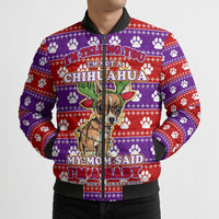Chihuahua Christmas Bomber Puffer Jacket with I’m Not a Chihuahua I’m a Baby Quote and Red Purple Christmas Pattern - Wonder Print Shop