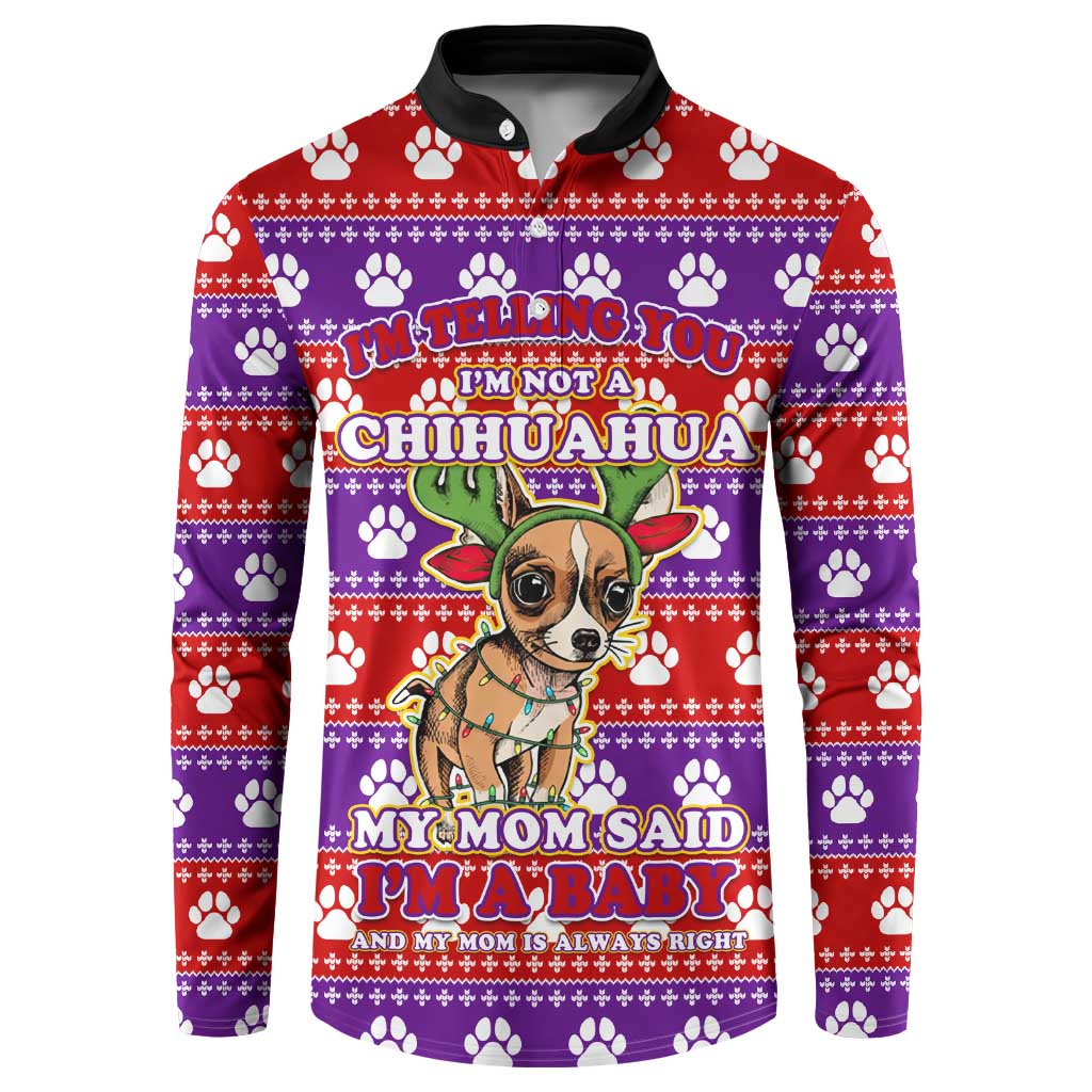 Chihuahua Christmas Button Sweatshirt with I’m Not a Chihuahua I’m a Baby Quote and Red Purple Christmas Pattern - Wonder Print Shop