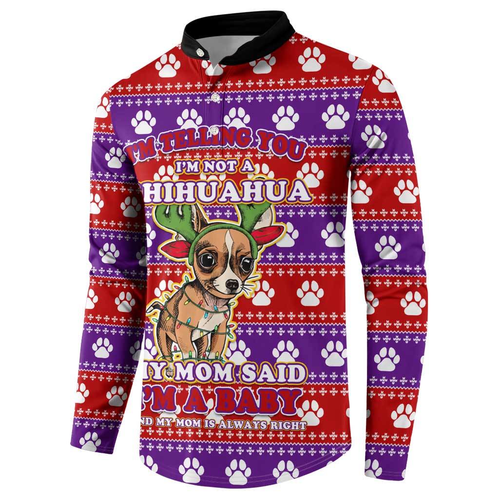 Chihuahua Christmas Button Sweatshirt with I’m Not a Chihuahua I’m a Baby Quote and Red Purple Christmas Pattern - Wonder Print Shop