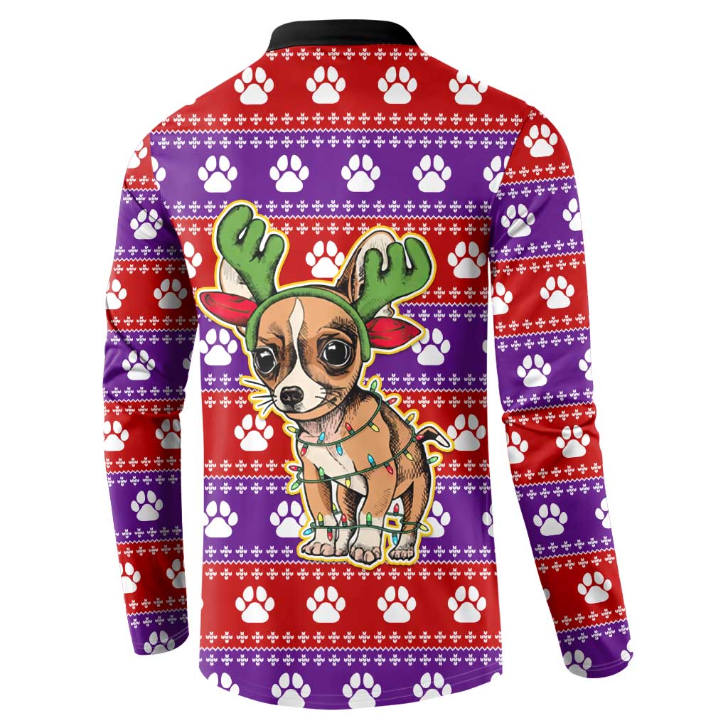 Chihuahua Christmas Button Sweatshirt with I’m Not a Chihuahua I’m a Baby Quote and Red Purple Christmas Pattern - Wonder Print Shop