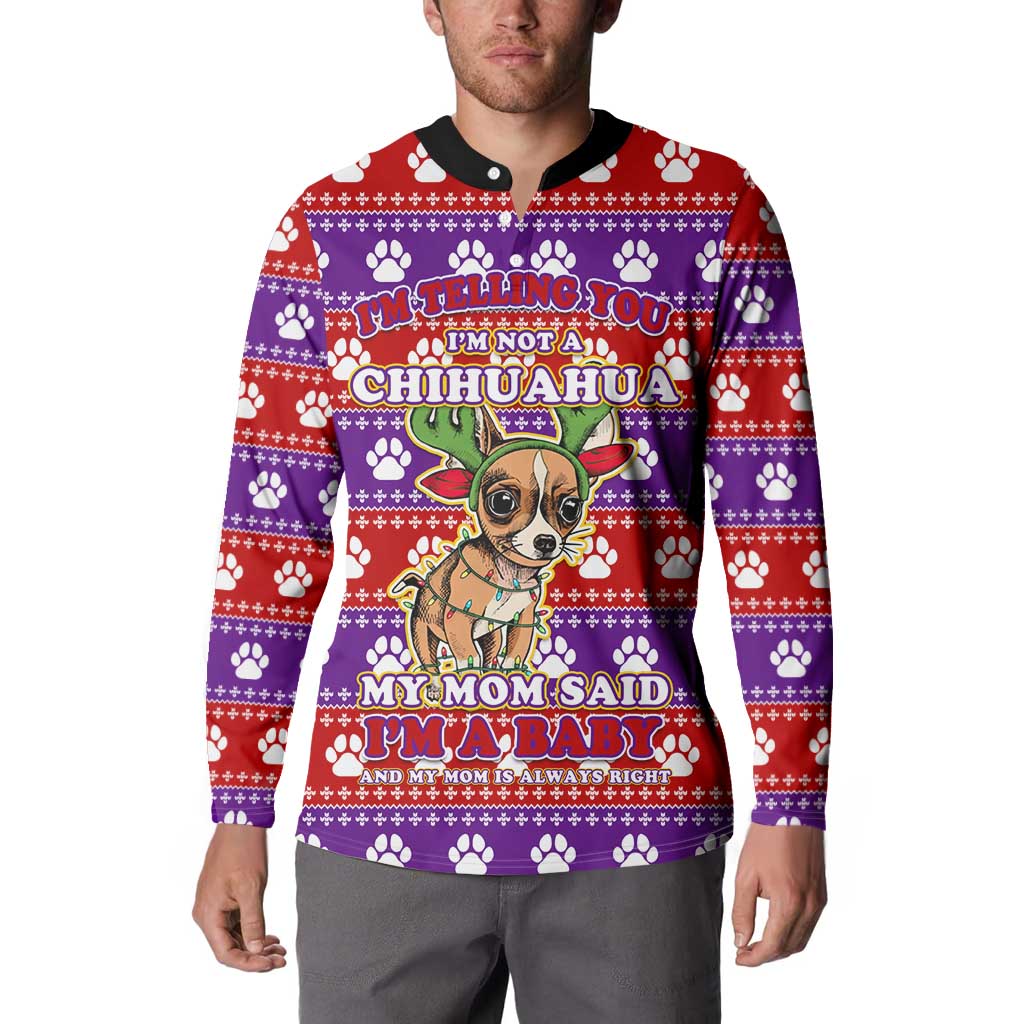 Chihuahua Christmas Button Sweatshirt with I’m Not a Chihuahua I’m a Baby Quote and Red Purple Christmas Pattern - Wonder Print Shop