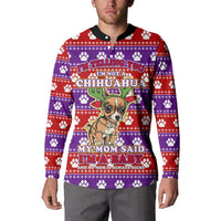 Chihuahua Christmas Button Sweatshirt with I’m Not a Chihuahua I’m a Baby Quote and Red Purple Christmas Pattern - Wonder Print Shop