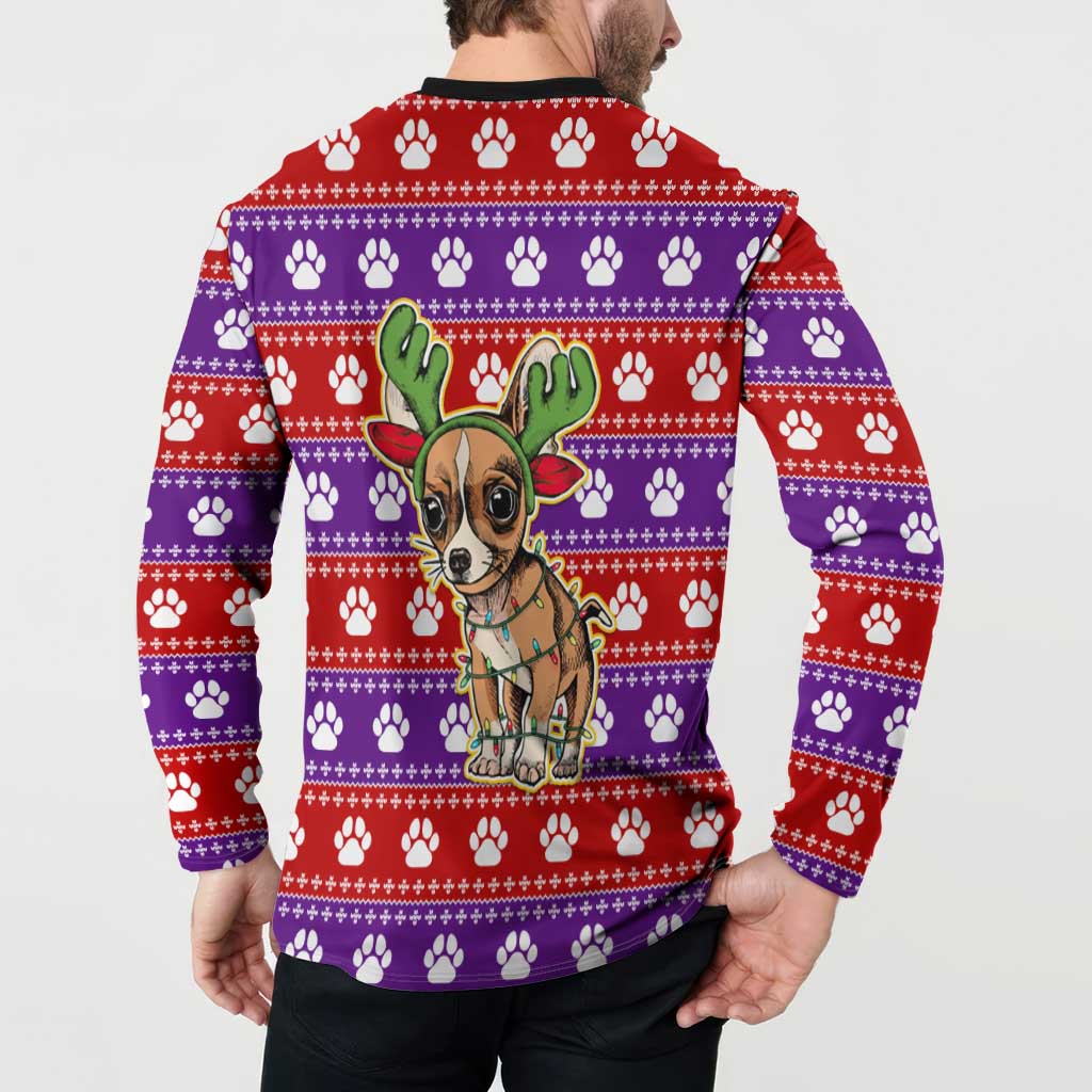 Chihuahua Christmas Button Sweatshirt with I’m Not a Chihuahua I’m a Baby Quote and Red Purple Christmas Pattern - Wonder Print Shop