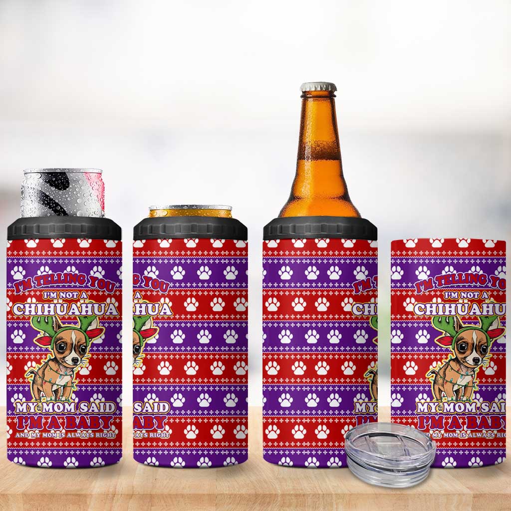 Chihuahua Christmas 4 in 1 Can Cooler Tumbler with I’m Not a Chihuahua I’m a Baby Quote and Red Purple Christmas Pattern - Wonder Print Shop
