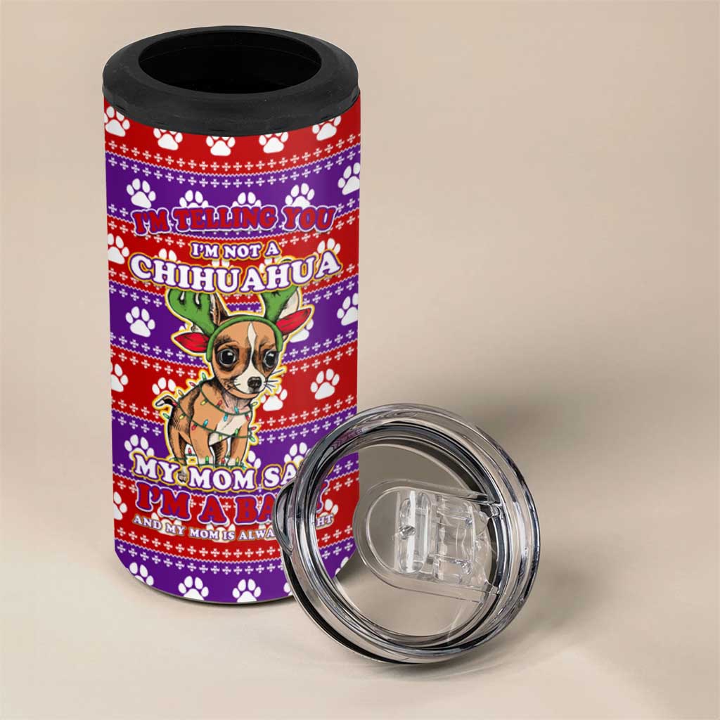 Chihuahua Christmas 4 in 1 Can Cooler Tumbler with I’m Not a Chihuahua I’m a Baby Quote and Red Purple Christmas Pattern - Wonder Print Shop