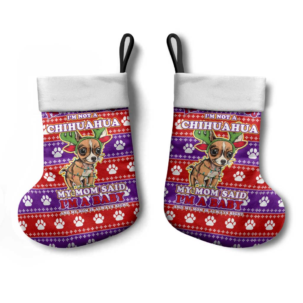 Chihuahua Christmas Stocking with I’m Not a Chihuahua I’m a Baby Quote and Red Purple Christmas Pattern - Wonder Print Shop
