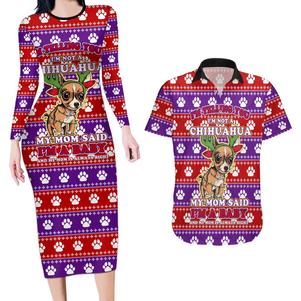 Chihuahua Christmas Couples Matching Long Sleeve Bodycon Dress and Hawaiian Shirt with I’m Not a Chihuahua I’m a Baby Quote and Red Purple Christmas Pattern - Wonder Print Shop