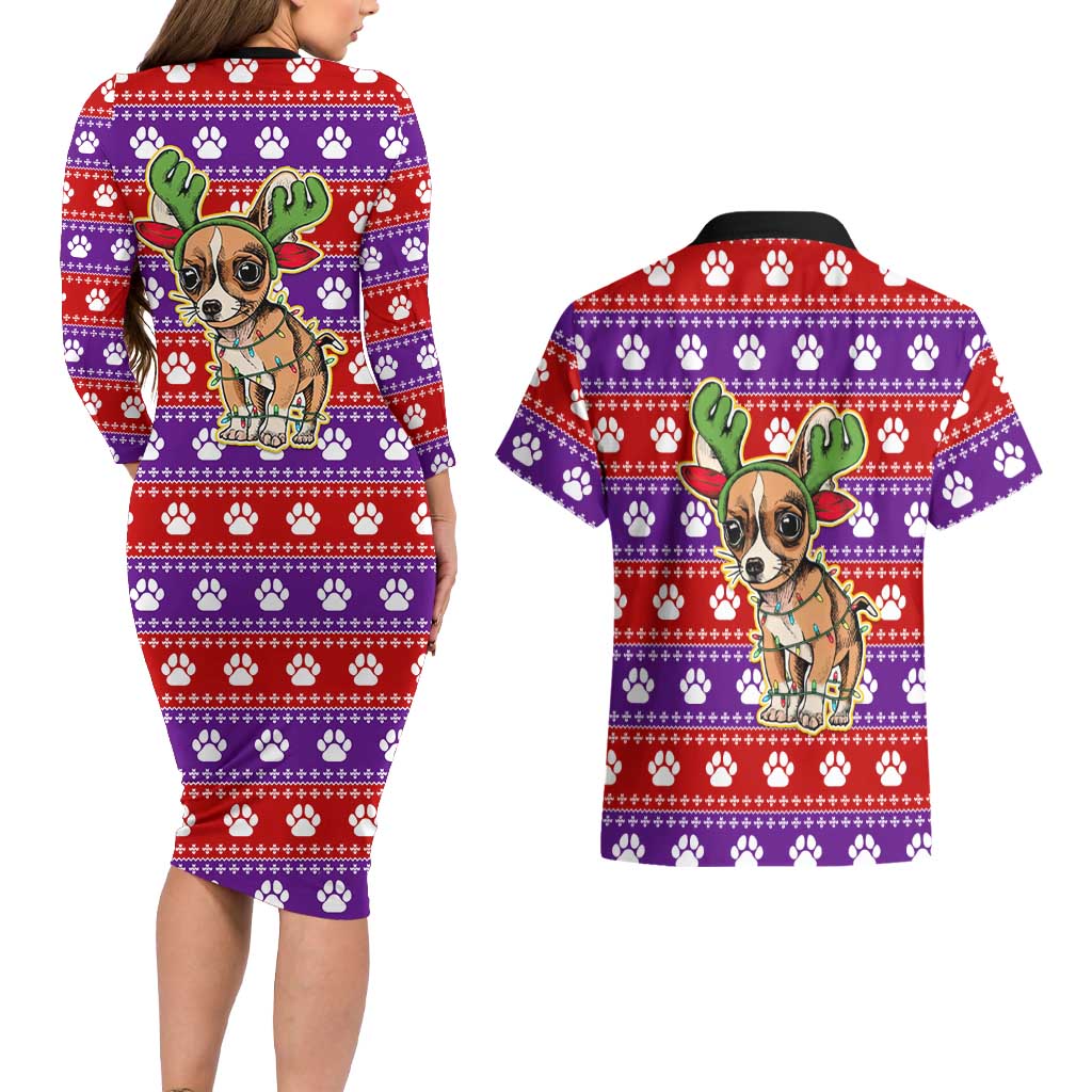 Chihuahua Christmas Couples Matching Long Sleeve Bodycon Dress and Hawaiian Shirt with I’m Not a Chihuahua I’m a Baby Quote and Red Purple Christmas Pattern - Wonder Print Shop